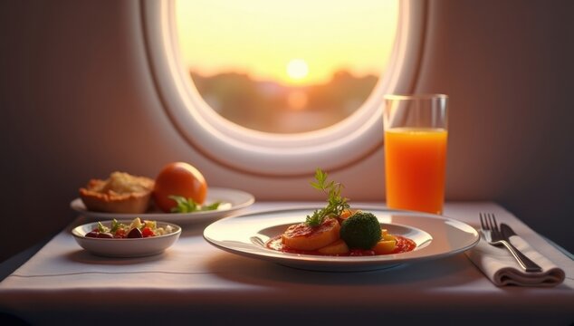 Comida de lujo en clase ejecutiva servida junto a la ventanilla del avi&oacute;n, plato gourmet saludable y zumo de naranja natural