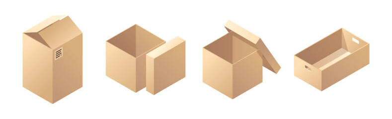 Naklejka premium Delivery cargo boxes with lids, closed and open cardboard parcels. Vector isometric realistic set of empty packaging for distribution and freight export. Postal goods and mail services container