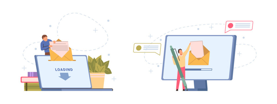 Newsletter subscription and messaging in chats. Vector isolated personal computers and users writing and sending mails. Interaction with users and clients, network development and connections