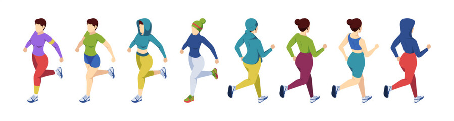 Obraz premium Runners in motion. Vector isometric female characters during jogging activity. Sport outfit, body movement and fitness lifestyle. Workout and training, healthy routine and outdoor exercise