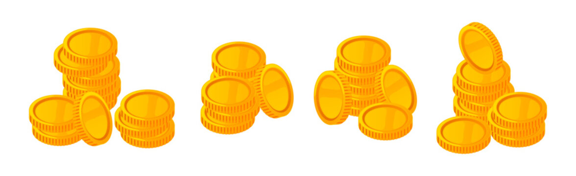 Stacks of money, isolated golden coins with blank surface. Vector saving up and building financial and economic freedom. Budget and salary, wages and earning, assets and buying power