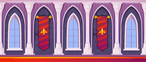 Naklejka premium Castle hallway with tall arched windows and flags. Vector cartoon corridor room with marble columns. Medieval atmosphere for fantasy level design, animation backdrops or storybook art