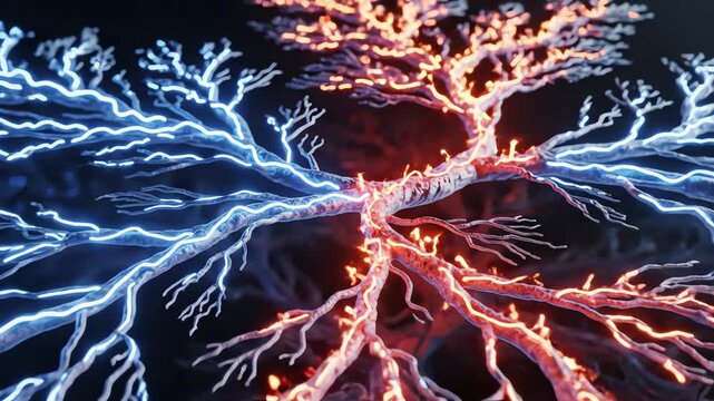 Disrupted motor-control signaling pathways, with neural circuits producing uneven flickers. Some branches carry smooth waves while others show stuttering pulses