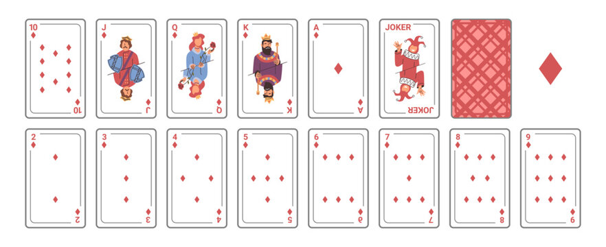 Poker layout by diamond suit with joker. Vector closed deck and open playing cards. Entertainment and hobby, gambling in casino or on mobile device. Having fun and leisure, improvement of skills