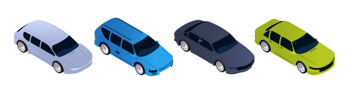 Cars viewed from isometric top angle. Vector automobiles for map creation or auto rental layouts, parking systems or logistics presentations. Automotive infographics and city infrastructure elements