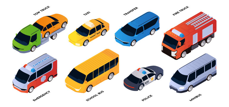 Municipal public transport and city services. Vector isolated isometric tow and fire trucks, taxi and transfer vehicles, minibus and school bus, police and emergency units. Structured urban mobility
