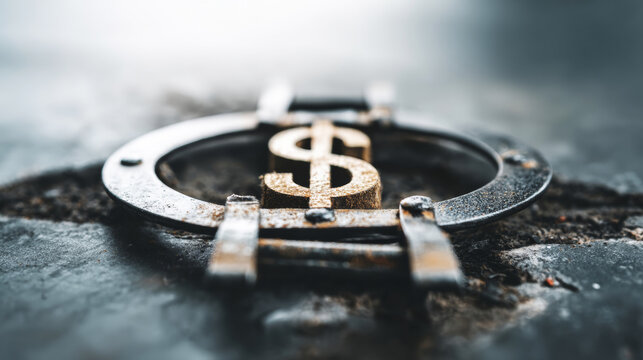 Heavy metal bear trap with a dollar symbol on dark grunge background. Concept of financial danger, debt, and economic risk