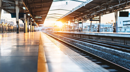 Fototapeta premium Modern train platform featuring glowing tracks at sunset, reflecting warm light on the surface, emphasizing journey and urban connectivity