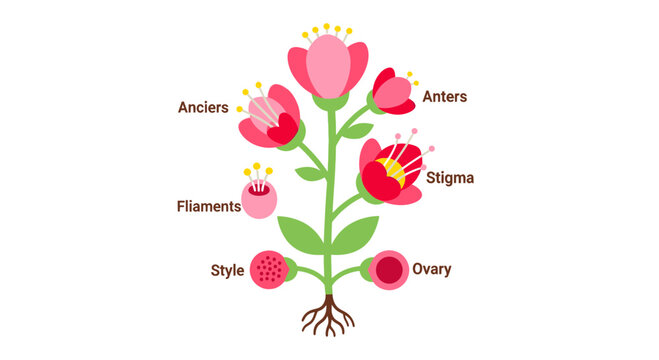 Diagram of a Flower Structure with Labels, Educational Illustration