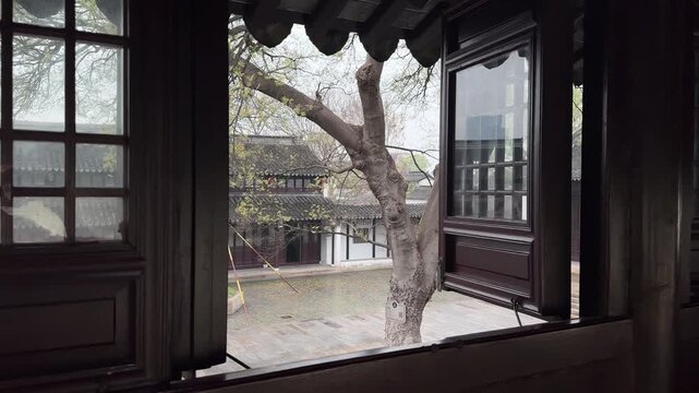 Cinematic panning shot through dark wooden lattice windows of a traditional Chinese garden pavilion, revealing an ancient courtyard with gnarled bare tree branches and classic Suzhou-style