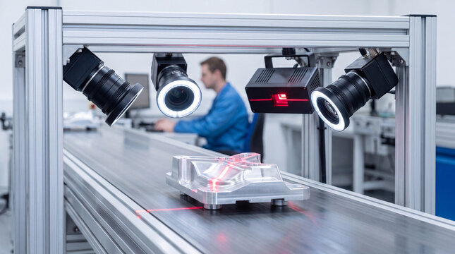 Automated machine vision quality inspection of metal part on conveyor with industrial cameras and laser