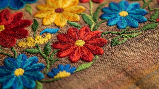 Colorful floral embroidery on textured fabric. Traditional Mexican folk art style with stitched flower pattern. Decorative textile craft for Cinco de Mayo holiday.