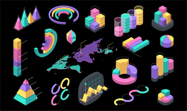 Charts and graphs constructor elements. Vector isometric circular and pyramid, cone and cylinder diagrams. World map and coordinate system with curved lines. Global analytics and data visualization
