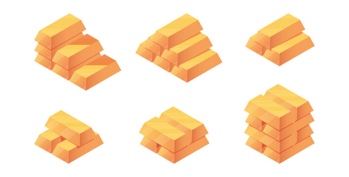 Shiny gold bars with smooth surfaces, unmarked and polished. Vector isometric set representing wealth, financial stability and investment, money and asset growth. Economy, banking and saving