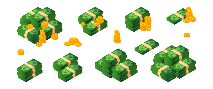 Pile of money in packs with gold coins. Vector isolated isometric dollar banknotes and cash for paying and buying. Capital or saving, deposit and investment resources for richness and wealth