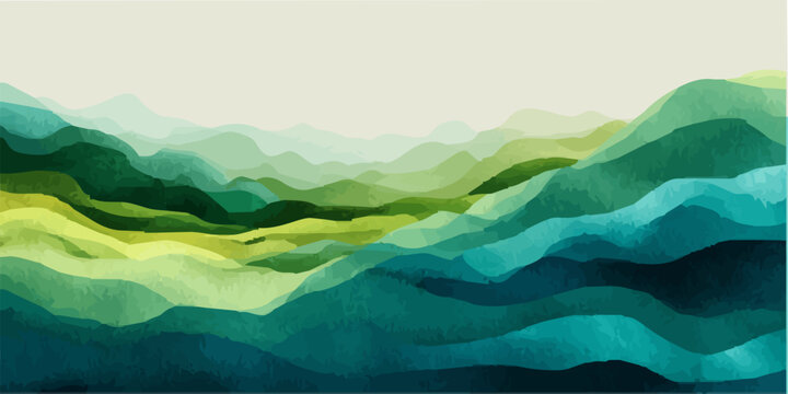 Layered abstract landscape with rolling hills and mountains, featuring a watercolor painting style in varying shades of green, blue, and teal, creating a sense of depth and serene nature