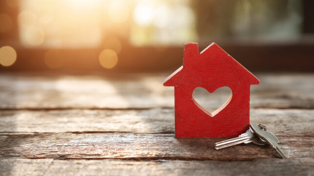 Wooden house shape featuring a heart cutout and a pair of keys, symbolizing property investment, new home, and housing security