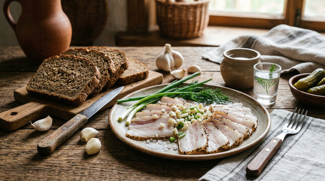 pork salo with garlic and rye bread