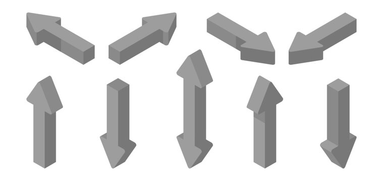 Isometric 3D arrow icons in various shapes and angles. Vector set of up and down, left and right directional signs for infographic, web or user interface elements. Direction figures