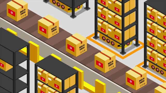 Smart Automated Warehouse System with Flag of Tunisia, Modern Industrial Logistics and Supply Chain Animation