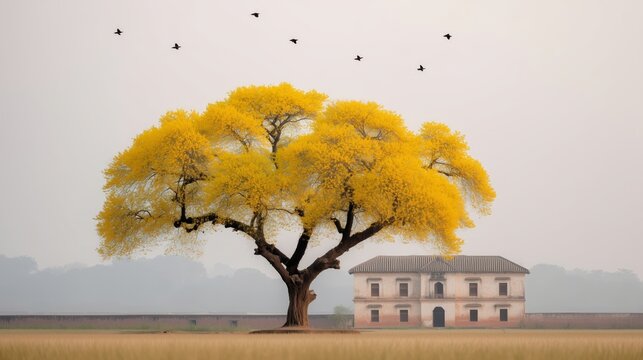 Mustard tree with birds nesting in branches, shelter and abundance concept in warm light