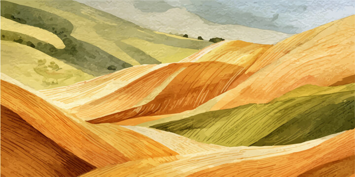 Abstract watercolor painting portraying a rural landscape with rolling agricultural fields changing colors with crops, showing patterns of nature and harvest season