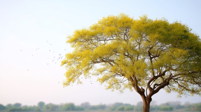 Mustard tree with birds nesting in branches, shelter and abundance concept in warm light