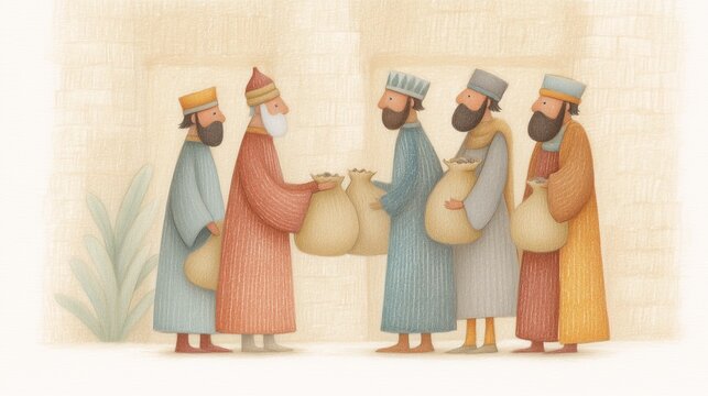 Parable of the talents, master giving coins to servants, ancient Middle Eastern stewardship concept