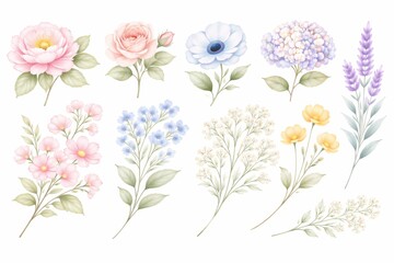 Fototapeta premium Collection of delicate watercolor floral illustrations with soft pastel colors and green leaves