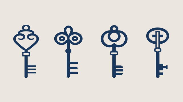 Four ornate, dark blue keys with distinct head designs, aligned on a pale beige background