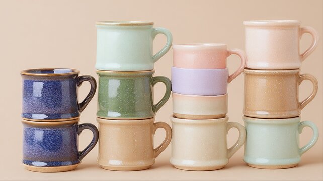 Stack of Rustic Ceramic Mugs in Soft Pastel and Earthy Tones Displayed on a Neutral Background