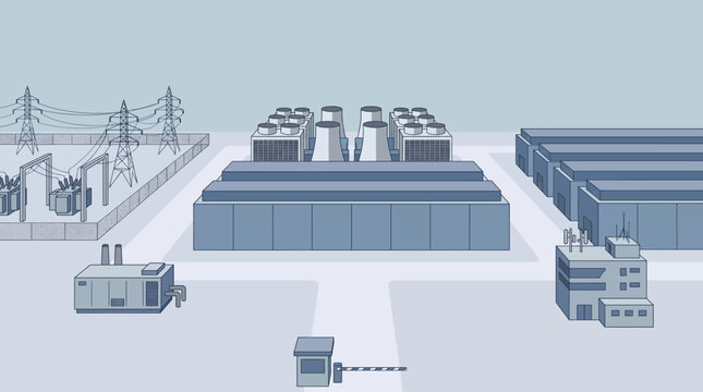 Industrial facility with buildings, smokestacks, and power lines under construction