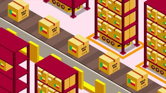 Smart Automated Warehouse System with Flag of BENIN, Modern Industrial Logistics and Supply Chain Animation