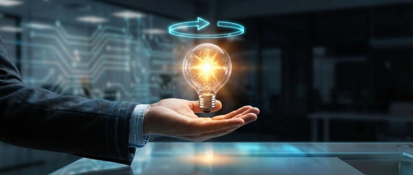 Innovative business solutions showcased with a light bulb moment in a modern office environment captured from a creative viewpoint to inspire new ideas