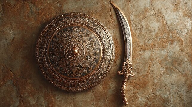 rajput. Traditional Rajput curved sword and shield with detailed metalwork on textured background. event programs, museum guides, designed for cultural heritage projects and event programs.