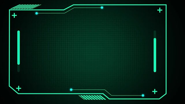 Futuristic neon HUD display frame with grid and controls. HUD display interface design. Futuristic neon HUD display for high tech monitoring and software dashboard visuals.