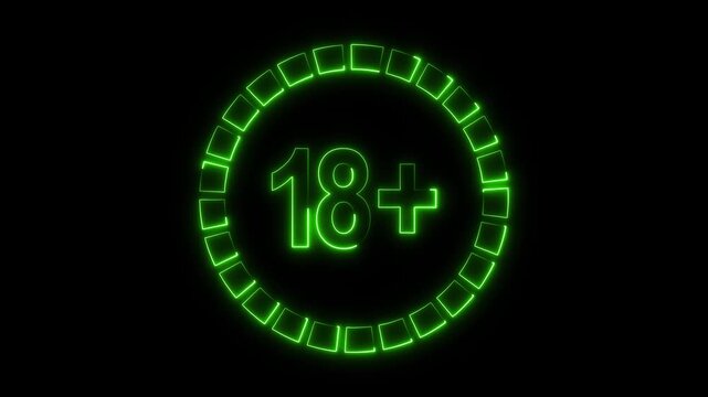 Neon green 18 plus age restriction symbol glowing light. Age restriction symbol warning. Neon green 18 plus age restriction for parental control and sensitive content alerts.