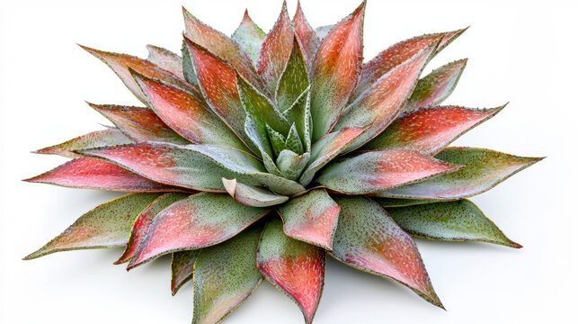 A vibrant agave plant displays its colorful foliage with red and green hues arranged in a striking rosette pattern against a bright white backdrop in detailed shot.