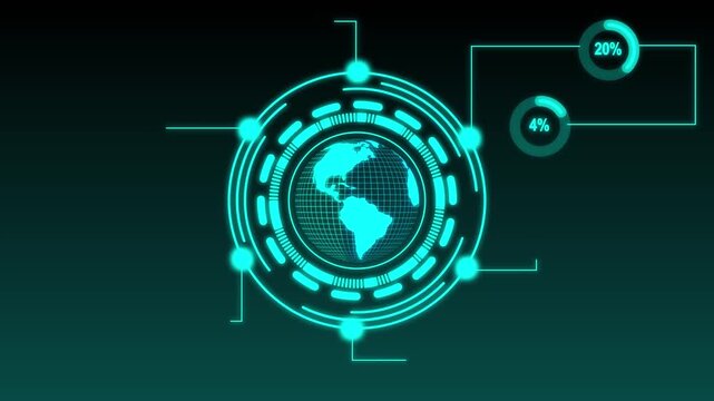 Cyan futuristic HUD globe with data and percentage. HUD globe heads up display. Cyan futuristic HUD globe for worldwide network monitoring and digital planetary information.