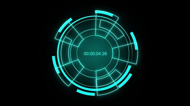 Cyan neon futuristic countdown timer with digital display. Countdown timer technology. Cyan neon futuristic countdown timer for launch sequence and timing event animations.