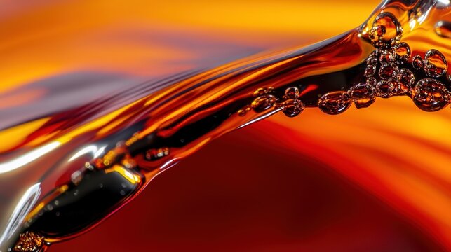 impurities. Abstract macro pattern of flowing orange-red liquid with black impurities. STEM education sheets, lab safety posters, designed for biotech research communications.