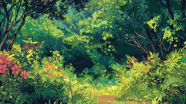 A lush forest scene painted with vibrant green foliage, dd sunlight, and colorful flowers creating a peaceful and inviting atmosphere in nature's embrace.