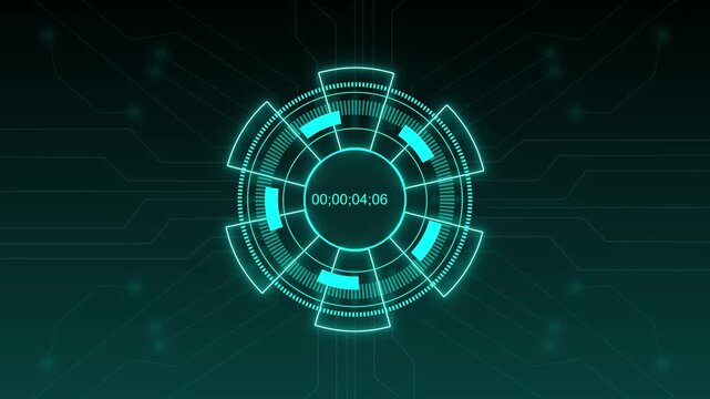 Futuristic digital HUD with timer and circuit board. Digital HUD heads up display. Futuristic digital HUD for system processing time and technical dashboard visualizations.