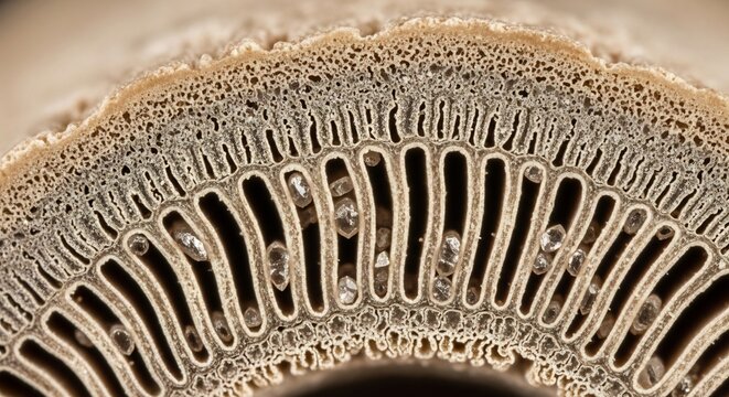 Microscopic View of Plant Stem Cross-Section Showing Vascular Bundles and Tissues.