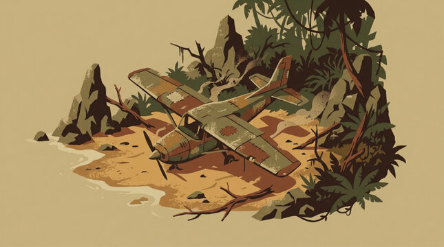 Abandoned small aircraft in tropical jungle