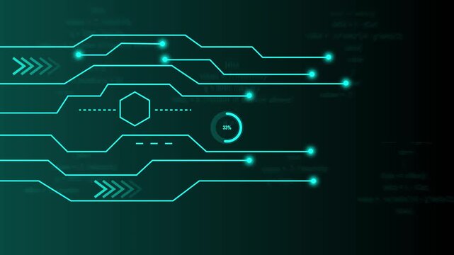 Futuristic circuit board with glowing code and indicator. Circuit board technology. Futuristic circuit board for digital system processing and software installation visuals.