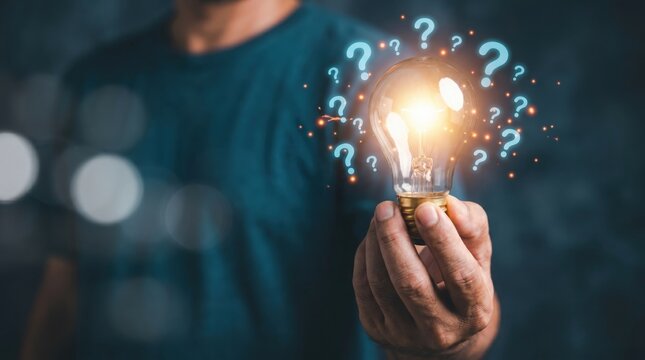 A person holding a glowing light bulb with floating question marks representing innovation and complex problem solving against a dark textured studio background
