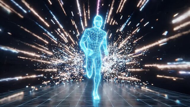 This video shows a glowing, blue wireframe figure of a man running forward. The background is dark, with bright particles streaking away from the runner.