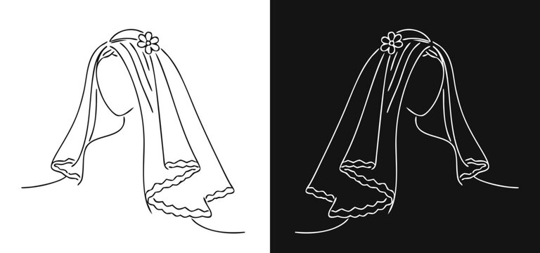 Widow in bereavement veil, minimalist continuous line drawing style, for light and dark designs, isolated on removable contrasting background