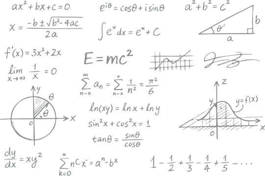 A hand-drawn vector illustration of algebra and physics equations featuring a seamless pattern of white mathematical doodles and science symbols sketched on a dark classroom blackboard